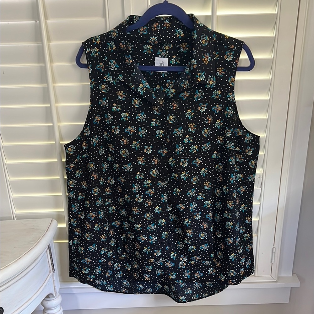 CAbi WHIMSY Black Floral Sleeveless Top